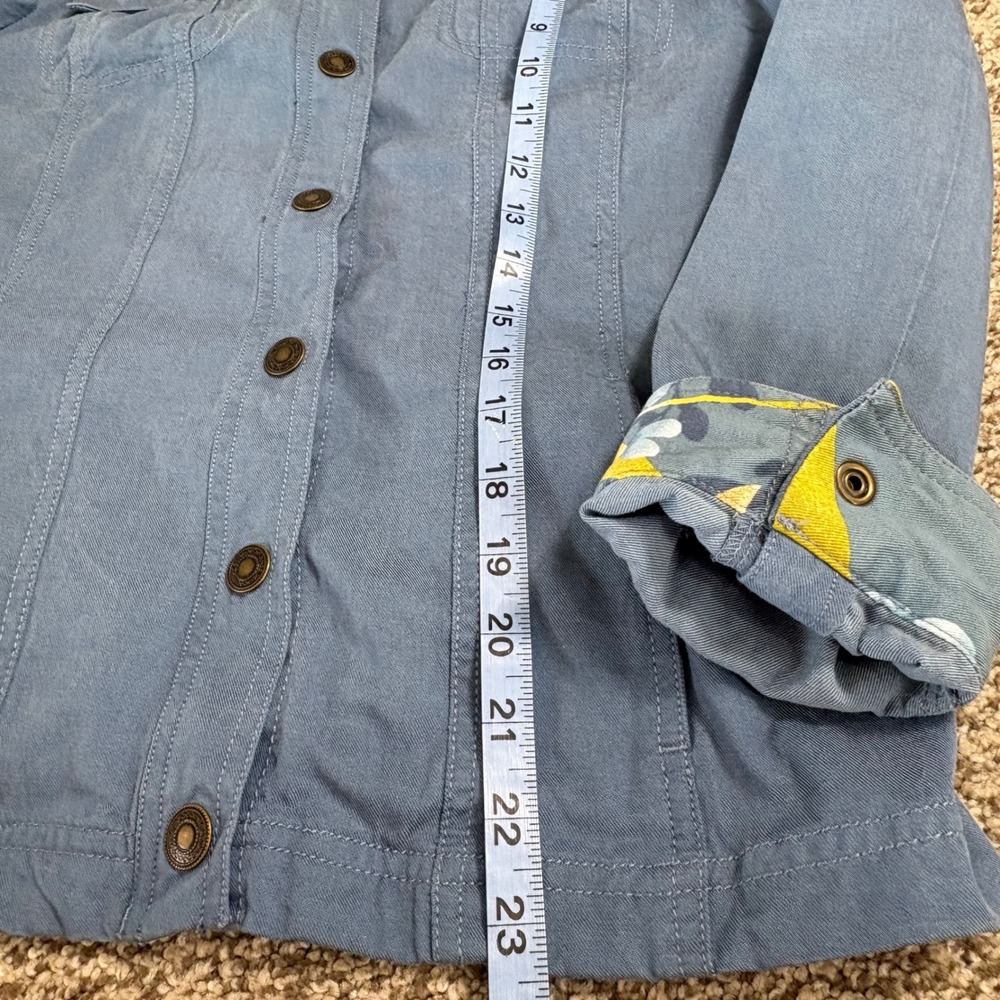 Amber Sun Jacket Women M Blue Tencel Cotton Floral Trim Snap Front Chore Utility - Picture 9 of 11